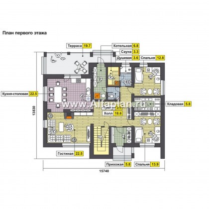Проекты домов Альфаплан - Коттедж с двусветной гостиной и столовой - превью плана проекта №1