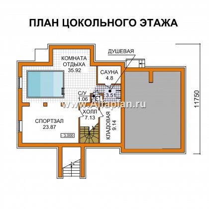 Проект дома с мансардой, из газобетона, с гаражом на 2 авто, с бассейном и сауной в цокольном этаже - превью план дома