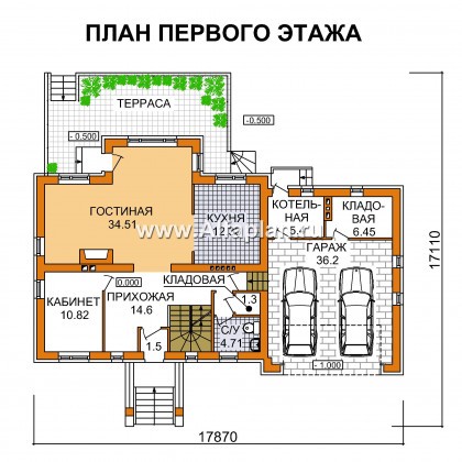 Проект дома с мансардой, из газобетона, с гаражом на 2 авто, с бассейном и сауной в цокольном этаже - превью план дома