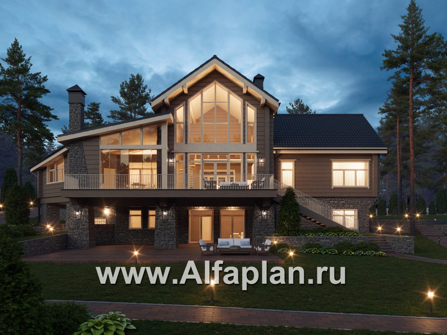 Проекты домов Альфаплан - Дом на рельефе с двусветной гостиной - основное изображение