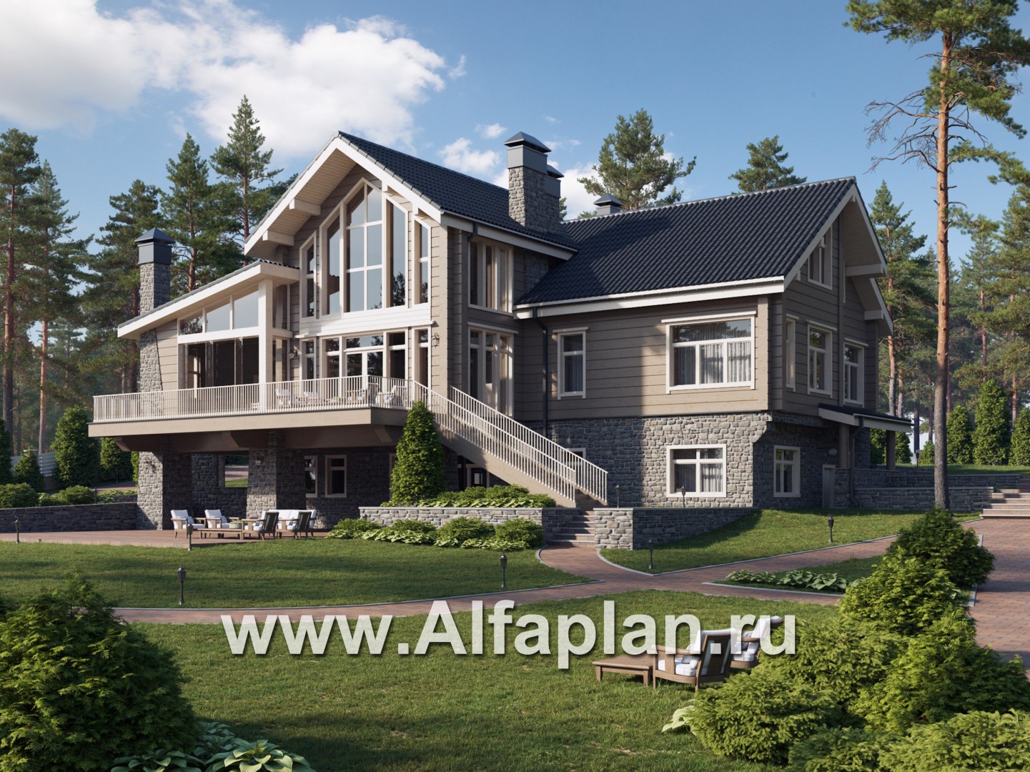 Проекты домов Альфаплан - Дом на рельефе с двусветной гостиной - дополнительное изображение №1