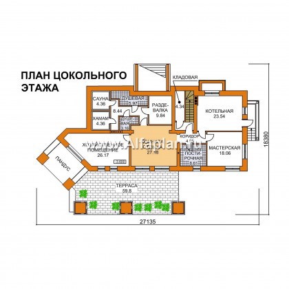 Проект дома с мансардой, с цокольным этажом, планировка с двусветной гостиной, для участка с рельефом - превью план дома