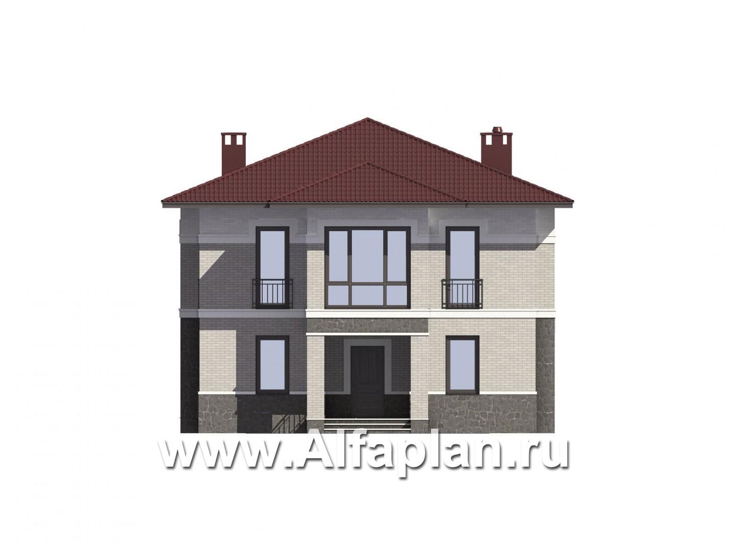 Проекты домов Альфаплан - Проект двухэтажного дома из кирпича с эркером, планировка с террасой и кабинетом на 1 эт - изображение фасада №1
