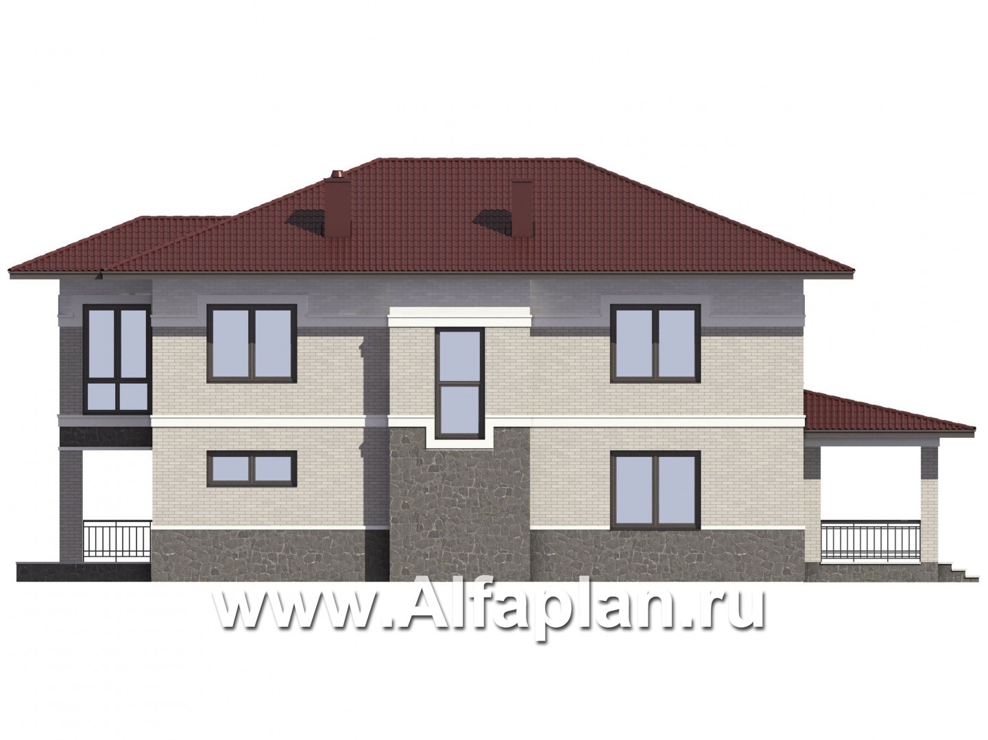 Проекты домов Альфаплан - Проект двухэтажного дома из кирпича с эркером, планировка с террасой и кабинетом на 1 эт - изображение фасада №2