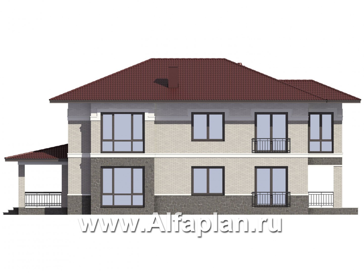 Проекты домов Альфаплан - Проект двухэтажного дома из кирпича с эркером, планировка с террасой и кабинетом на 1 эт - изображение фасада №4