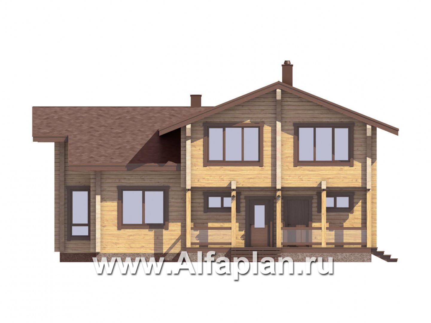 Проекты домов Альфаплан - Проект дома из бруса с красивой двусветной гостиной - изображение фасада №1