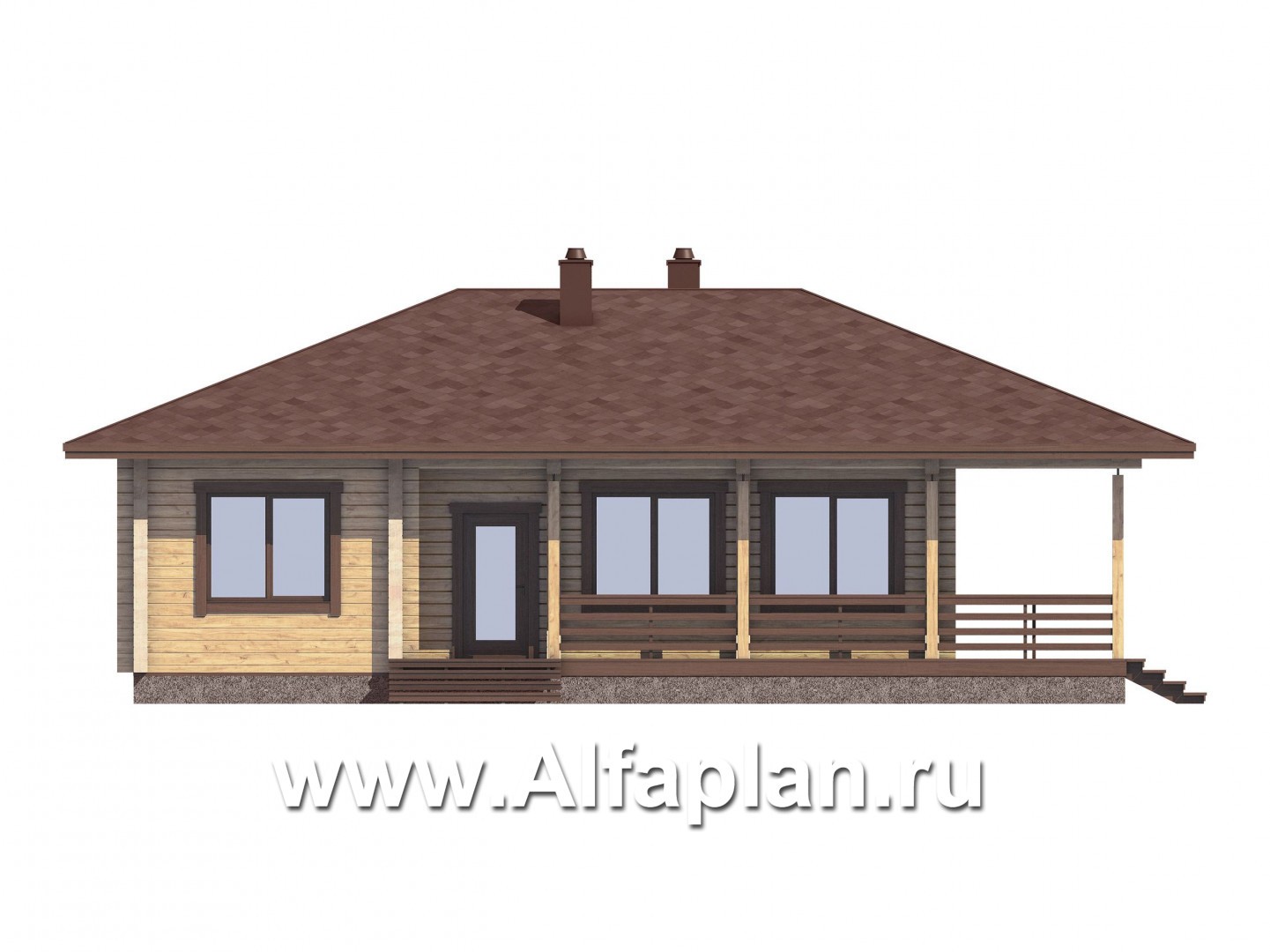 Проект одноэтажного дома из бруса, дача с большой угловой террасой, 2 спальни - фасад дома