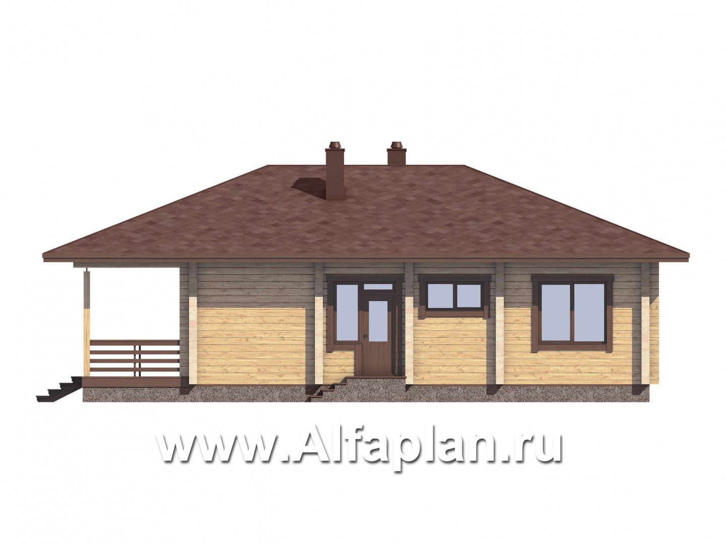 Проект одноэтажного дома из бруса, дача с большой угловой террасой, 2 спальни - фасад дома