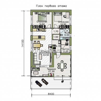 «Мелета» - проект одноэтажного дома из газобетона, 2 спальни, с террасой, в скандинавском стиле - превью план дома