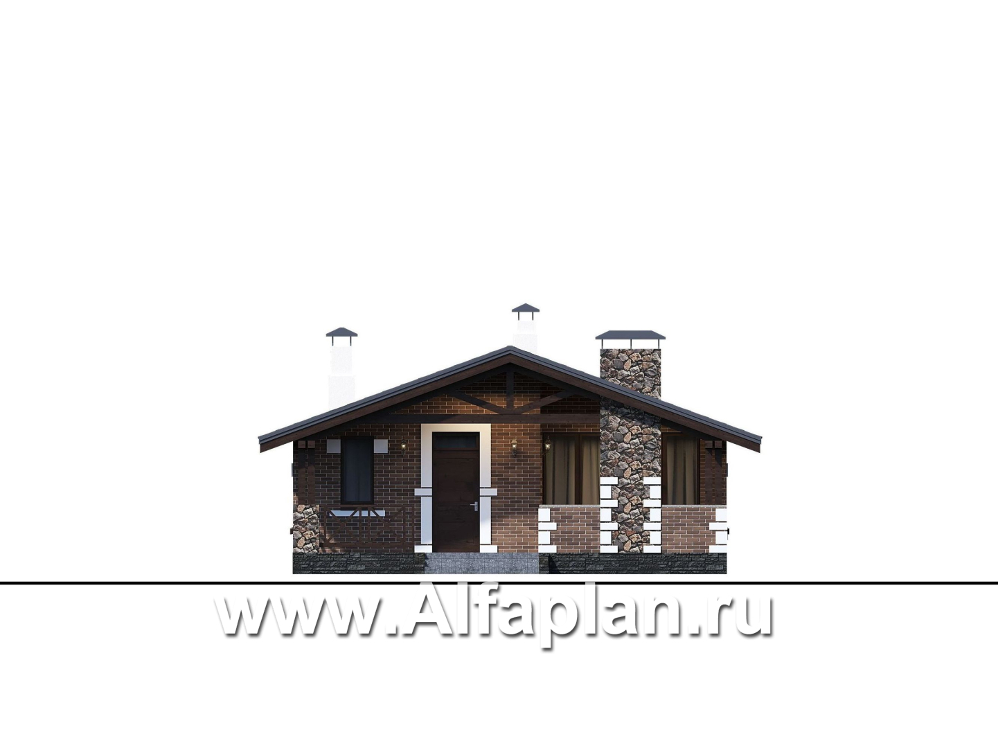 Проекты домов Альфаплан - «Родия» - проект одноэтажного дома, 2 спальни, с террасой и двускатной крышей, в скандинавском стиле - изображение фасада №1