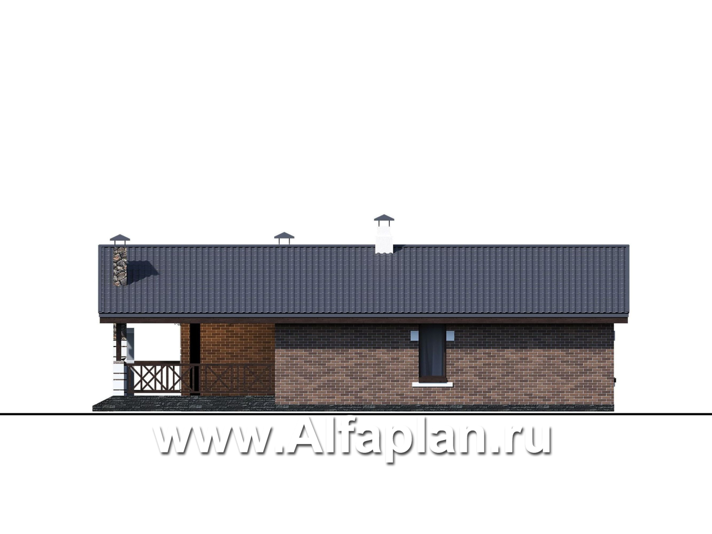 Проекты домов Альфаплан - «Родия» - проект одноэтажного дома, 2 спальни, с террасой и двускатной крышей, в скандинавском стиле - изображение фасада №2