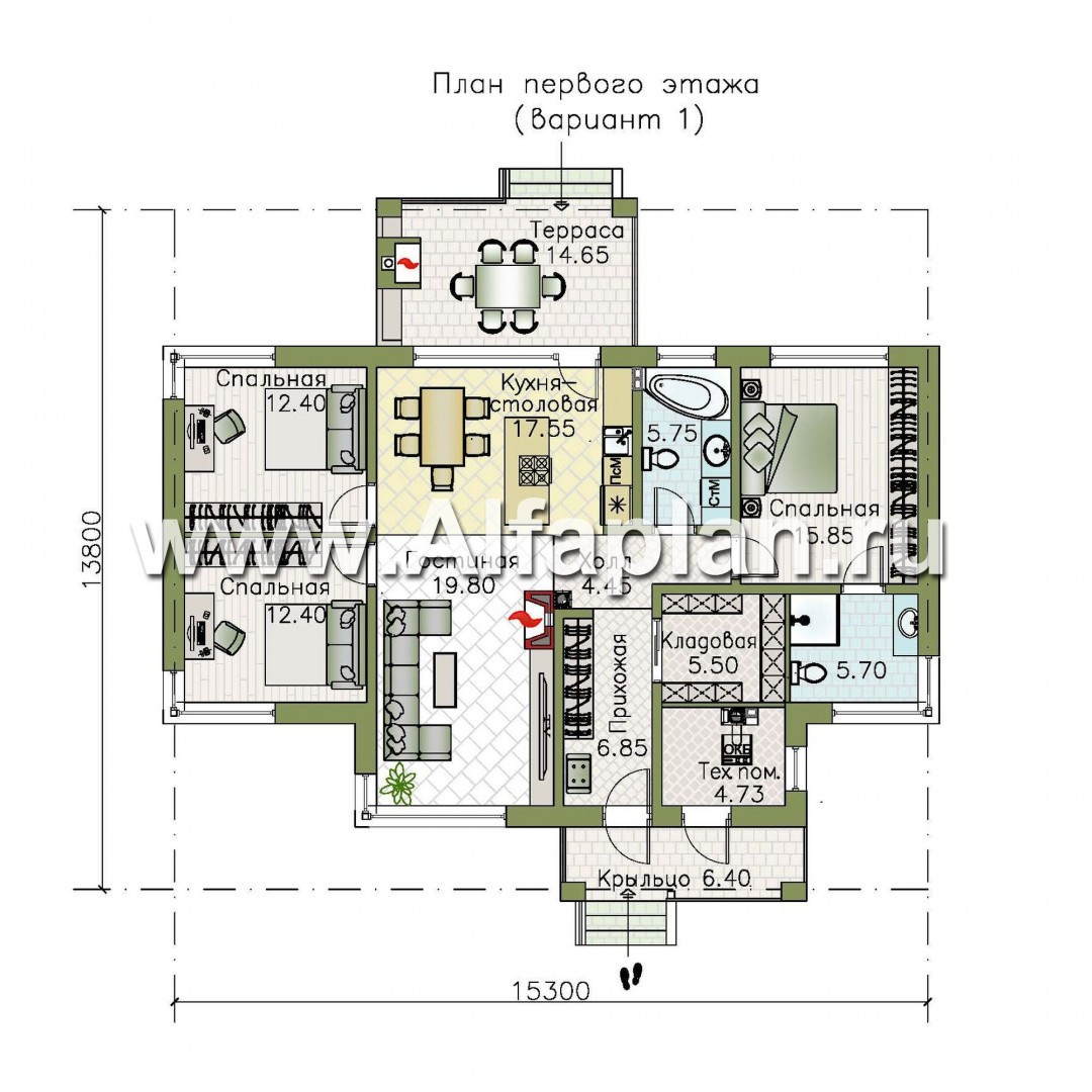 Проекты домов Альфаплан - «Авалон» - стильный одноэтажный дом с угловым остеклением - изображение плана проекта №1