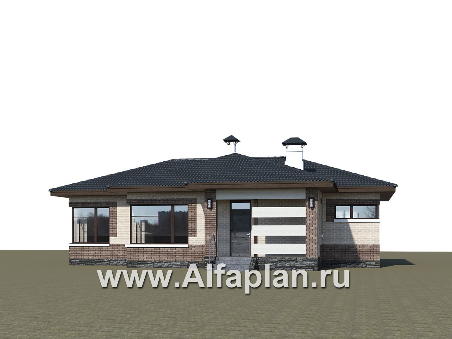 «Авалон» - проект одноэтажного дома из кирпича, с террасой, с угловым остеклением - дизайн дома №1
