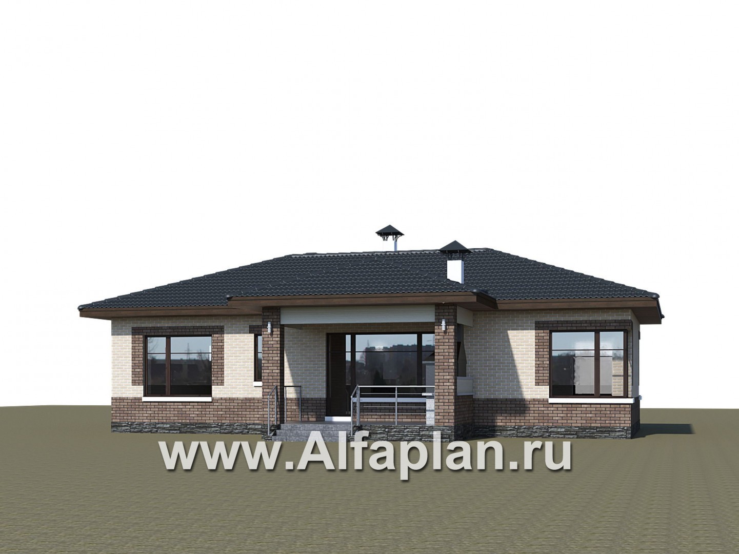 «Авалон» - проект одноэтажного дома из кирпича, с террасой, с угловым остеклением - дизайн дома №2