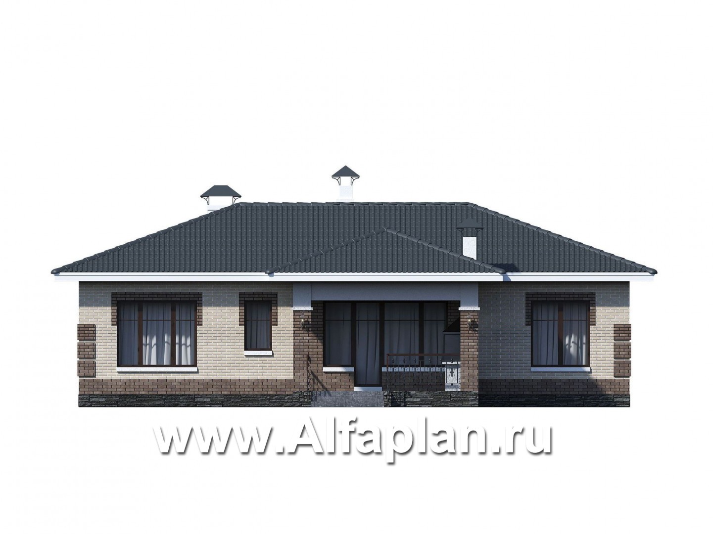 «Авалон» - проект одноэтажного дома из кирпича, с террасой - фасад дома