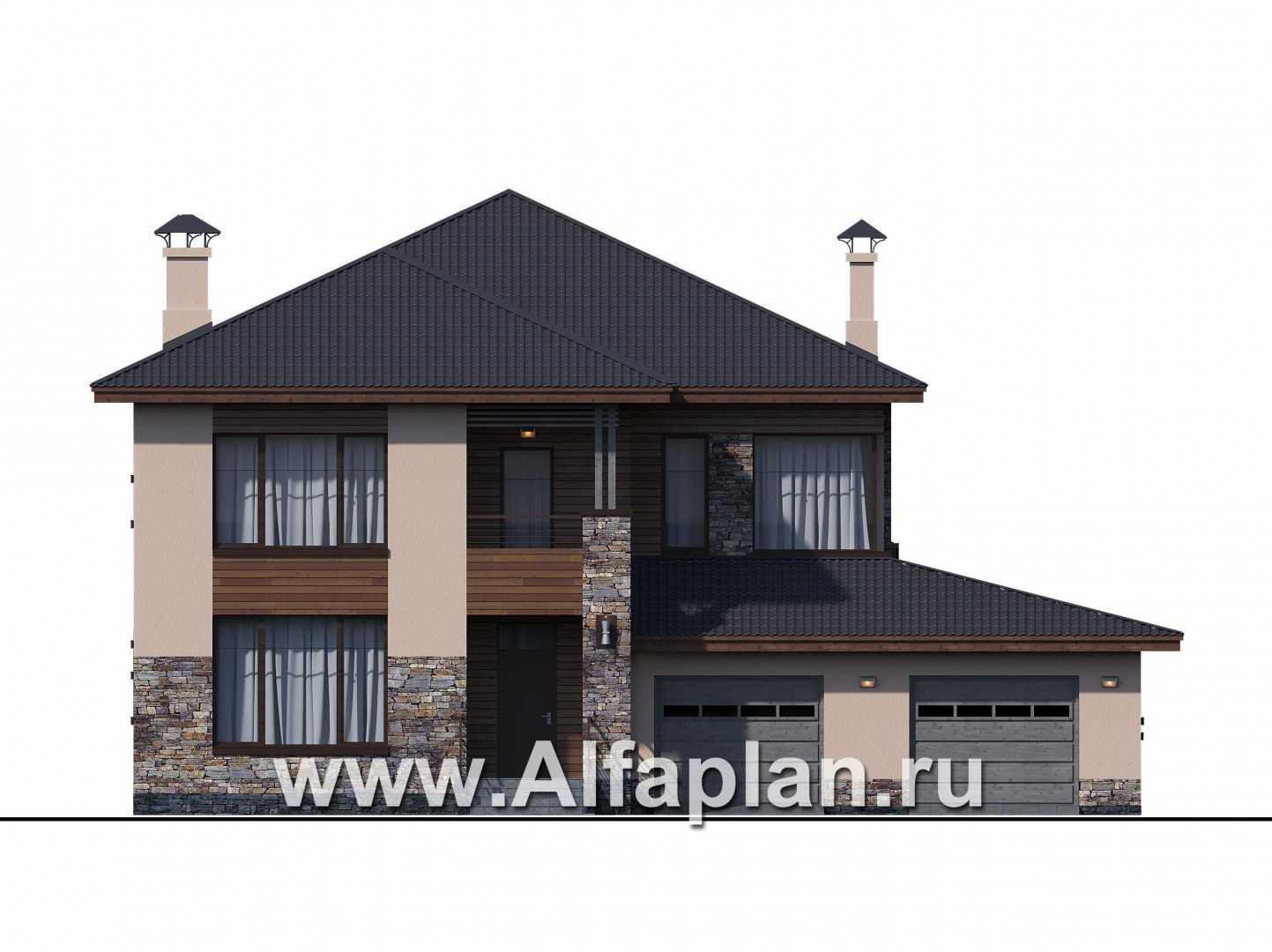 Проекты домов Альфаплан - «Родос» - стильный двухэтажный дома с гаражом на две машины - изображение фасада №1