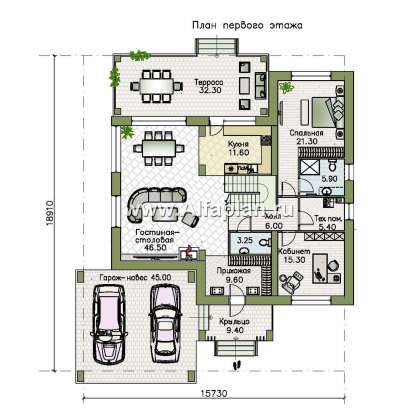 Проекты домов Альфаплан - «Футура» - современный двухэтажный дом с плоской кровлей и гаражом-навесом - превью плана проекта №1