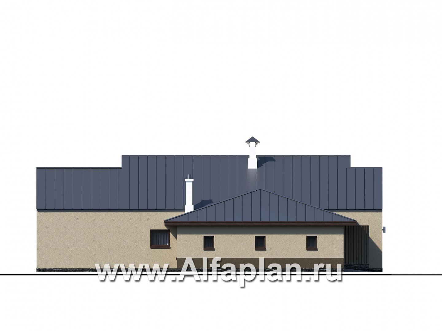 «Аркада» - проект одноэтажного дома, современный стиль, барнхаус, с террасой, сауной и с гаражом - фасад дома