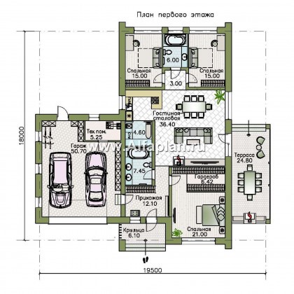 Проекты домов Альфаплан - «Аркада» - современный одноэтажный дом с террасой и большим гаражом - превью плана проекта №1
