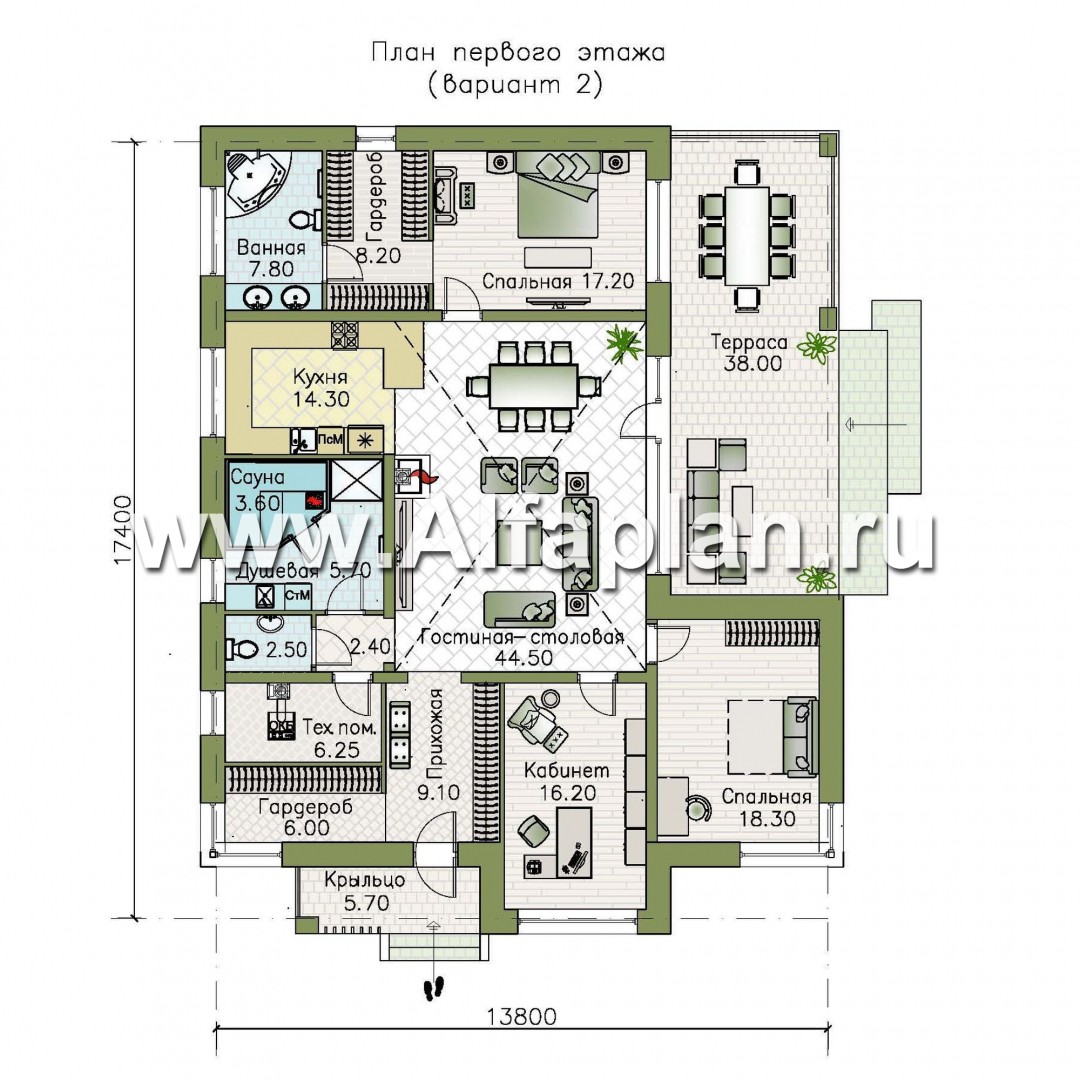 Проекты домов Альфаплан - «Ангара» - стильный одноэтажный коттедж с террасой - изображение плана проекта №2