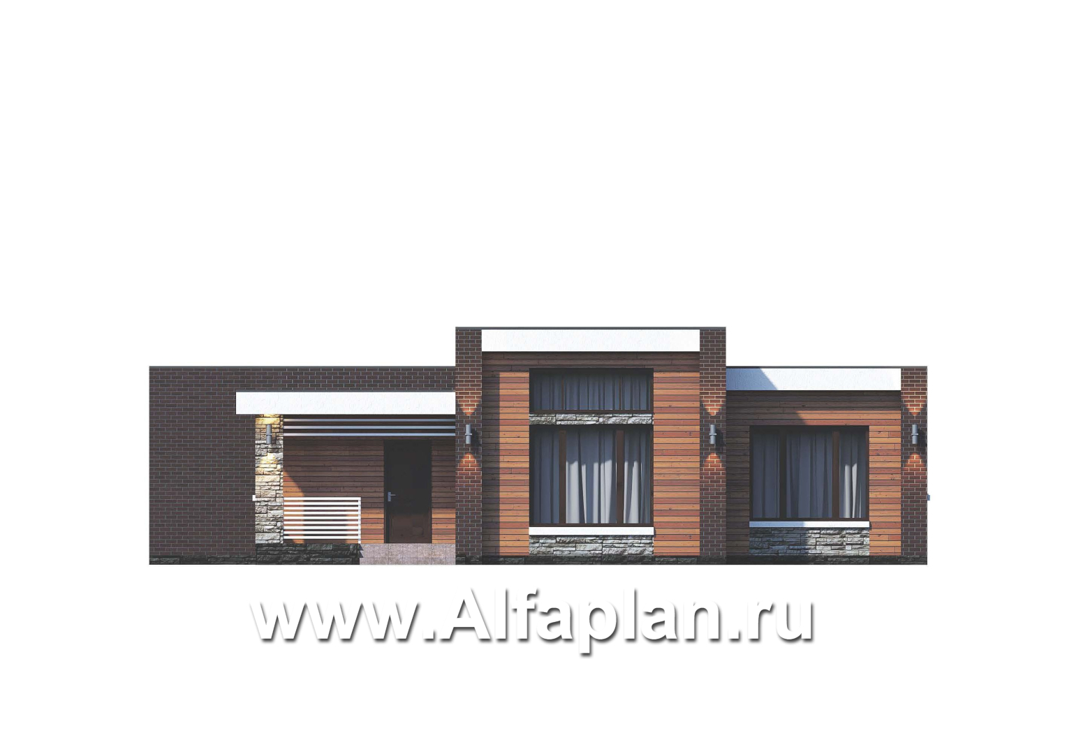 Проекты домов Альфаплан - «Магнолия» — красивый проект одноэтажного дома, планировка 3 спальни, современный стиль с плоской крышей - изображение фасада №1