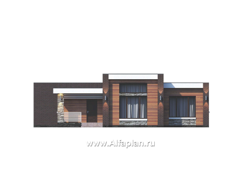 Проекты домов Альфаплан - «Магнолия» — красивый проект одноэтажного дома, планировка 3 спальни, современный стиль с плоской крышей - превью фасада №1