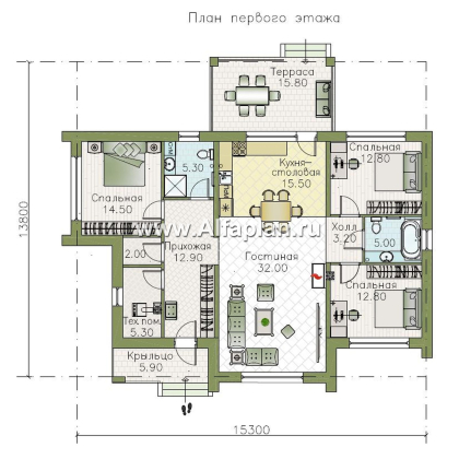 Проекты домов Альфаплан - «Магнолия» — красивый проект одноэтажного дома, планировка 3 спальни, современный стиль с плоской крышей - превью плана проекта №1