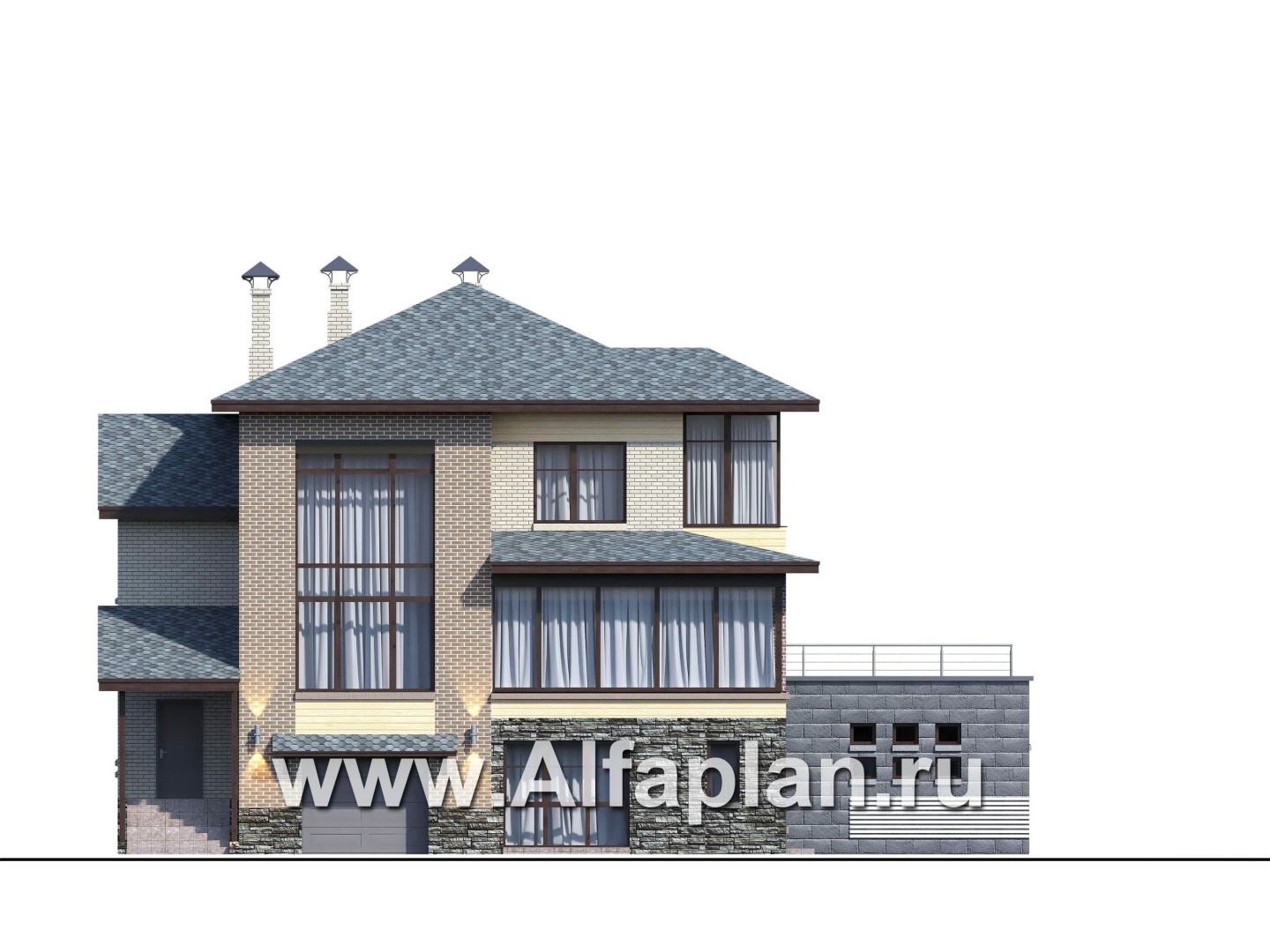 Проекты домов Альфаплан - "Амур" - трехэтажный особняк с гаражом и бассейном - изображение фасада №1