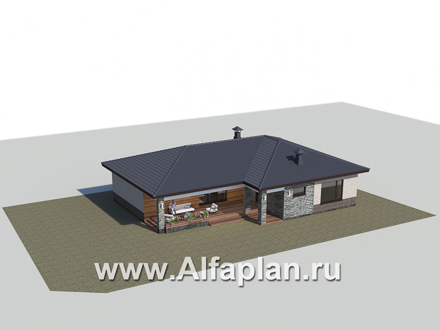 «Алазея» - проект одноэтажного дома из газобетона, с террасой и  с сауной, в современном стиле - дизайн дома №2
