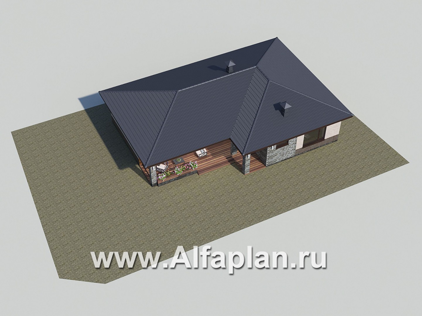 «Алазея» - проект одноэтажного дома из газобетона, с террасой и  с сауной, в современном стиле - дизайн дома №4