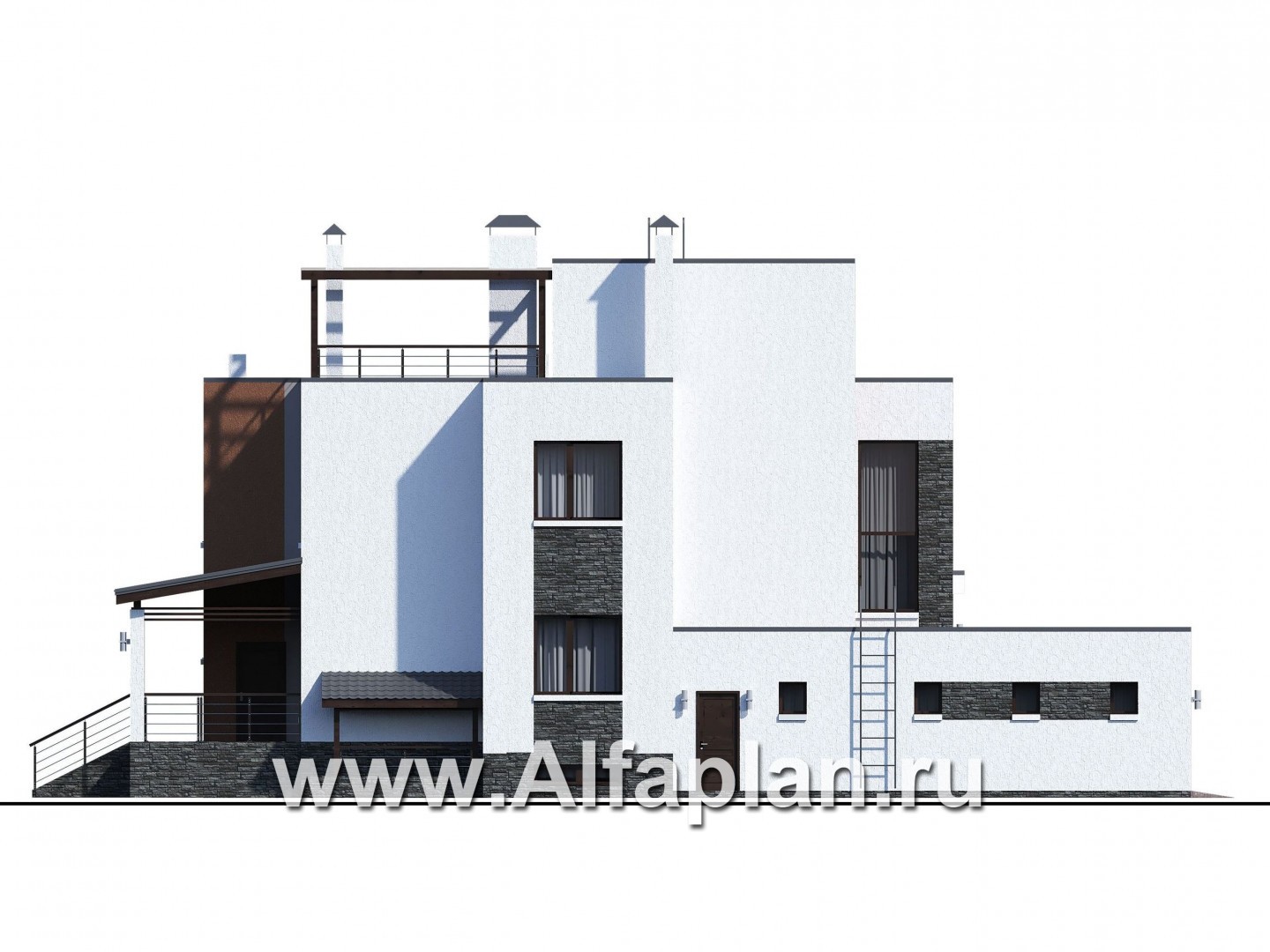 Проекты домов Альфаплан - «Альстер Плюс» — современная вилла с цоколем и эксплуатируемой кровлей - изображение фасада №2