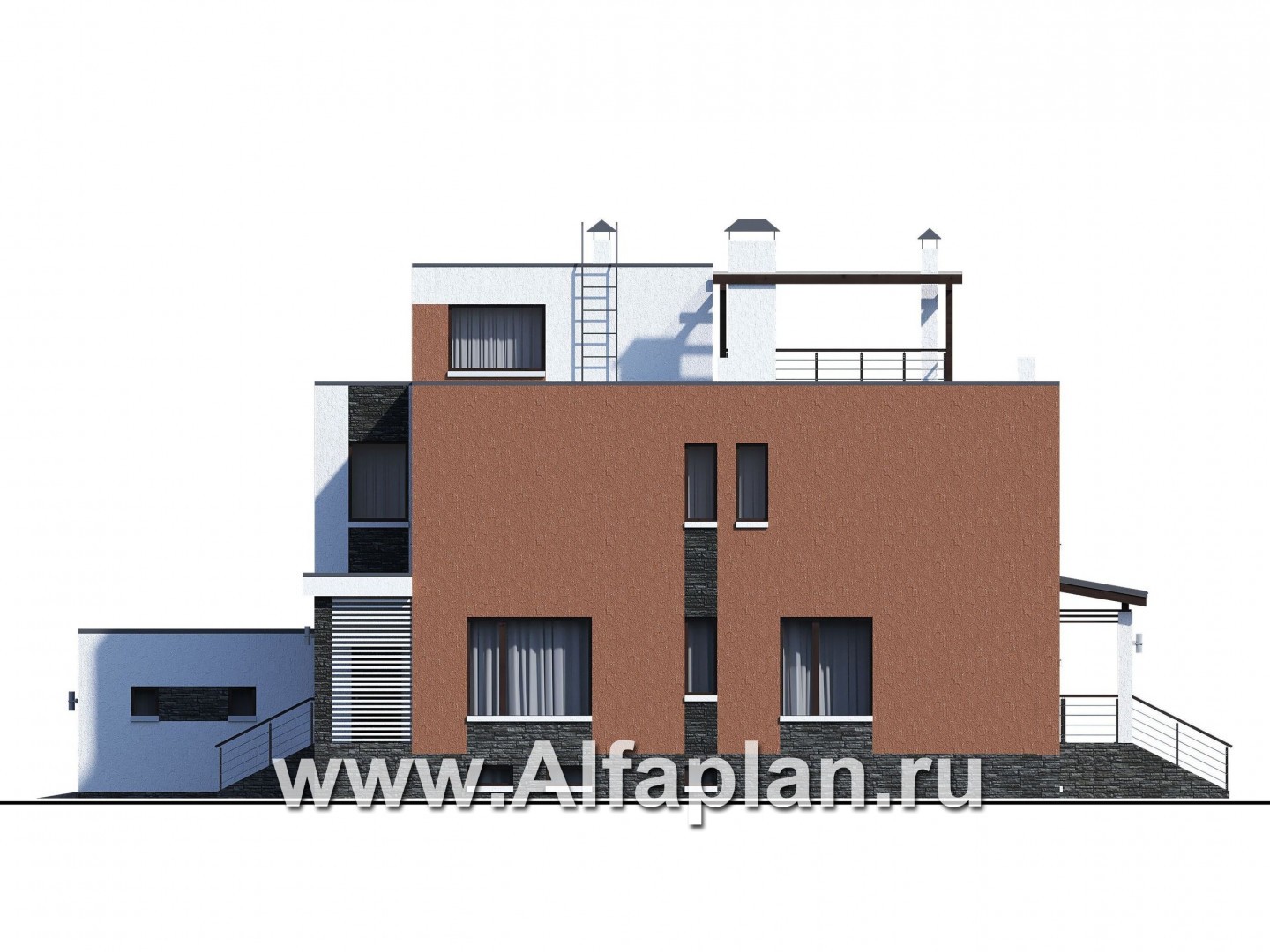 Проекты домов Альфаплан - «Альстер Плюс» — современная вилла с цоколем и эксплуатируемой кровлей - изображение фасада №4