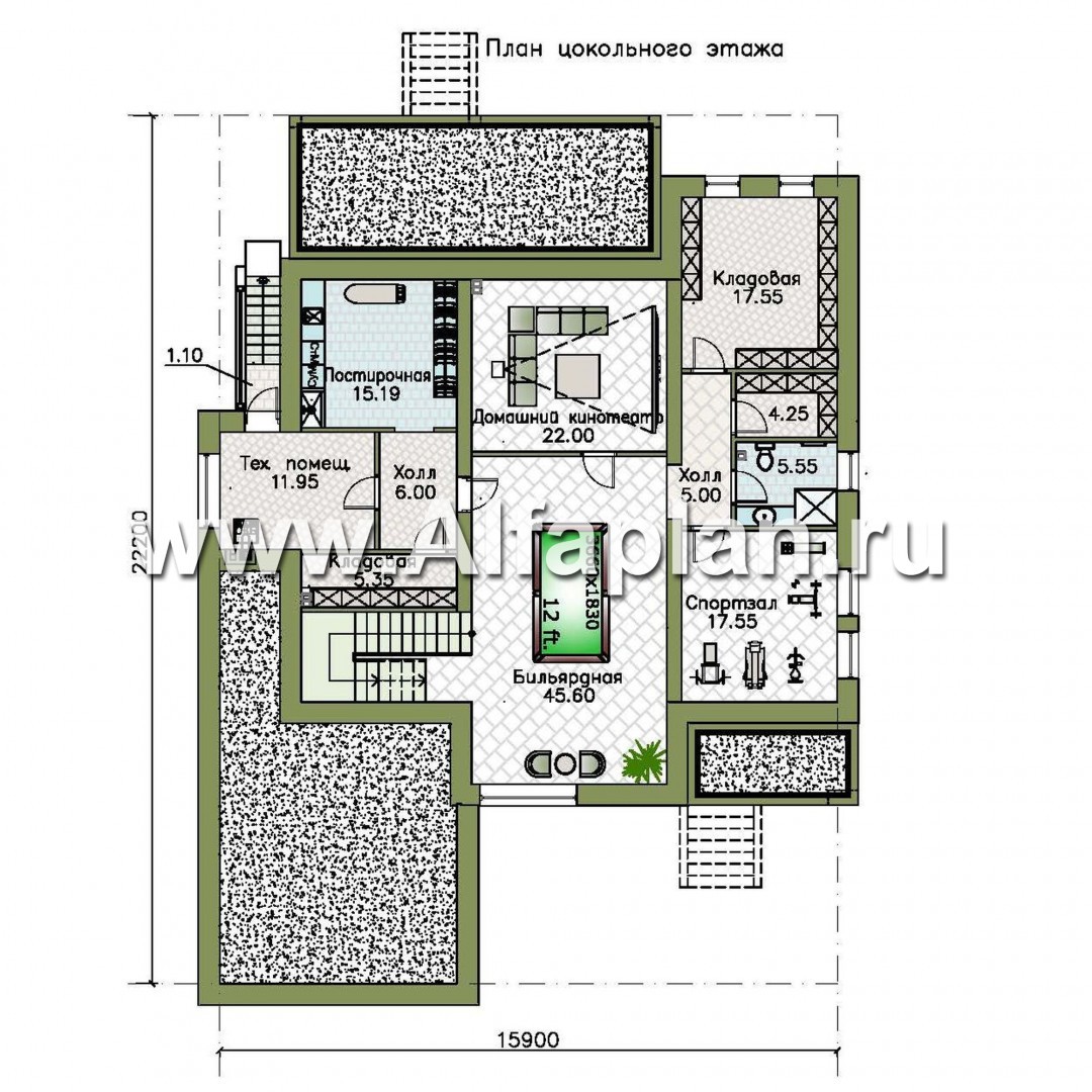 Проекты домов Альфаплан - «Альстер Плюс» — современная вилла с цоколем и эксплуатируемой кровлей - изображение плана проекта №1