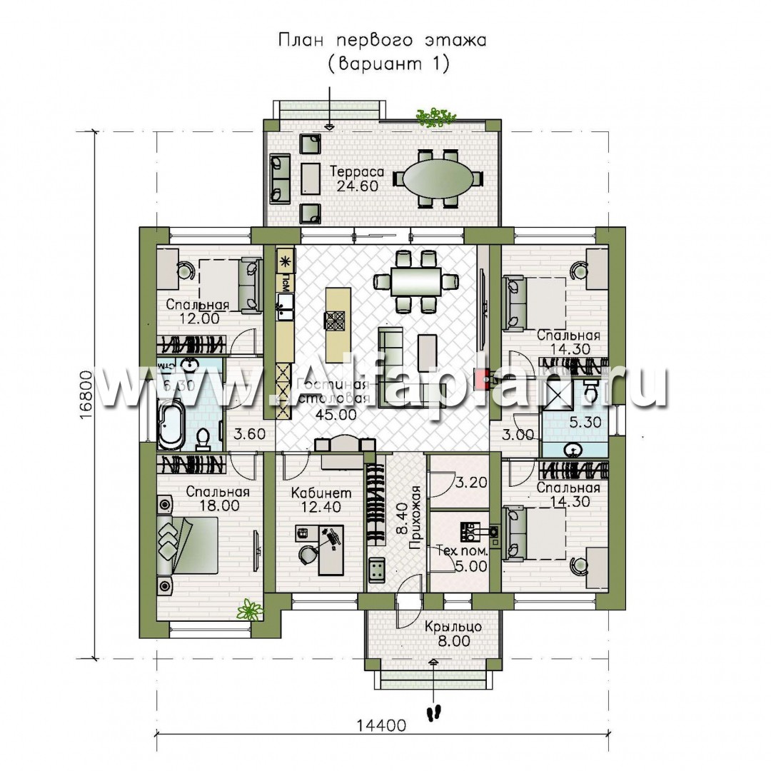 Проекты домов Альфаплан - «Зодиак» - одноэтажный коттедж с пятью жилыми комнатами - изображение плана проекта №1