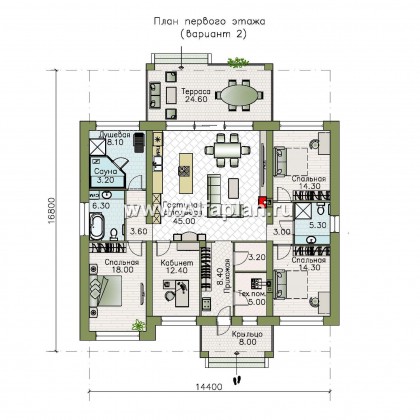 «Зодиак» - проект одноэтажного дома из газобетона с пятью жилыми комнатами - превью план дома