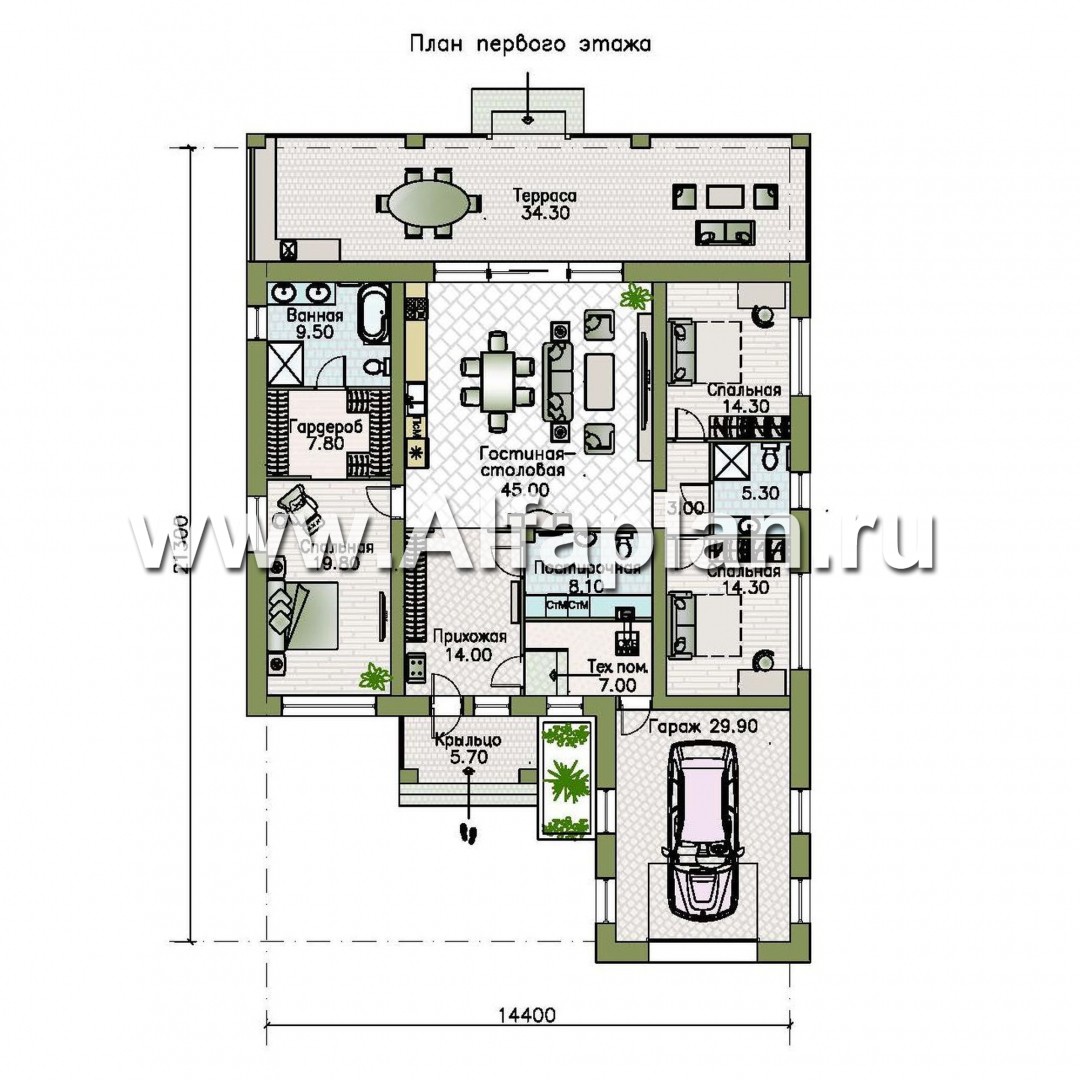Проекты домов Альфаплан - «Зодиак» - одноэтажный коттедж с гаражом - план проекта №1