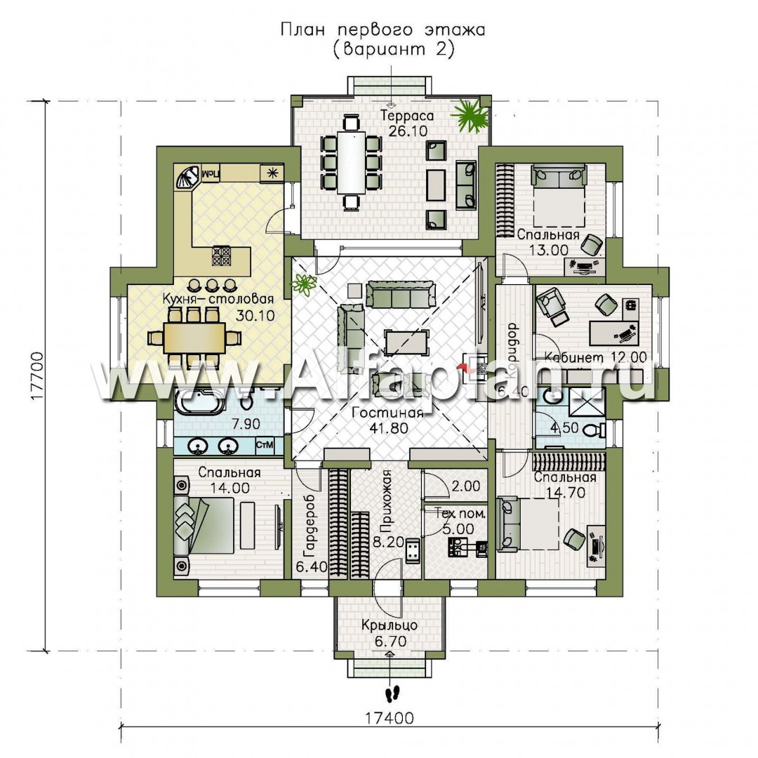 Проекты домов Альфаплан - «Аккорд» - просторный одноэтажный дом с симметричными фасадами - план проекта №2