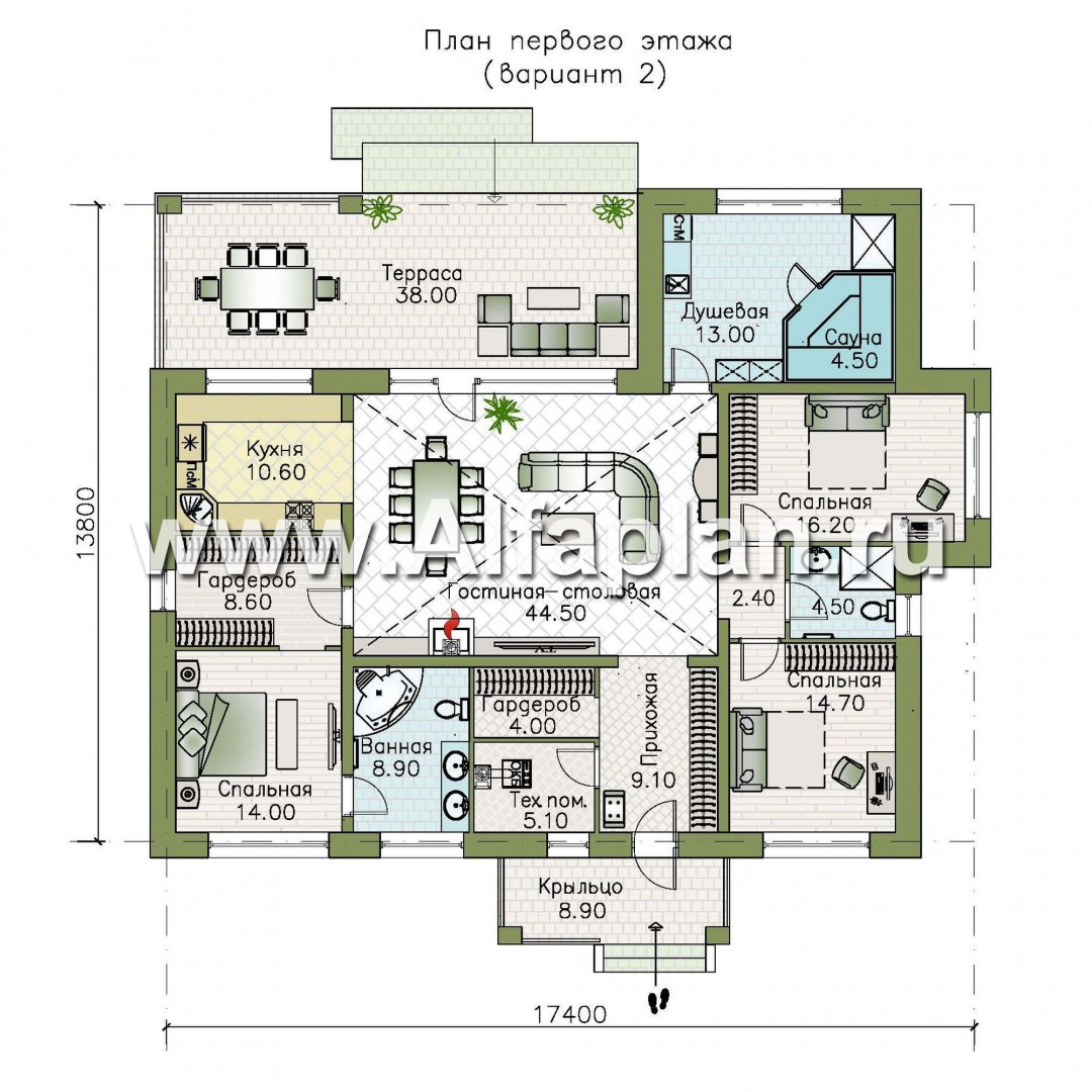 Проекты домов Альфаплан - «Аризона» - уютный одноэтажный дом с террасой - план проекта №2