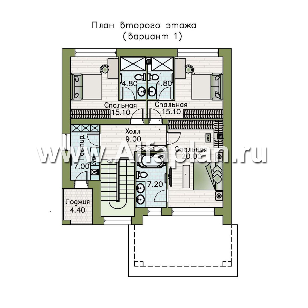 «Эрго» - проект дома 10х10м, планировка с террасой со стороны входа, с удобной планировкой - план дома