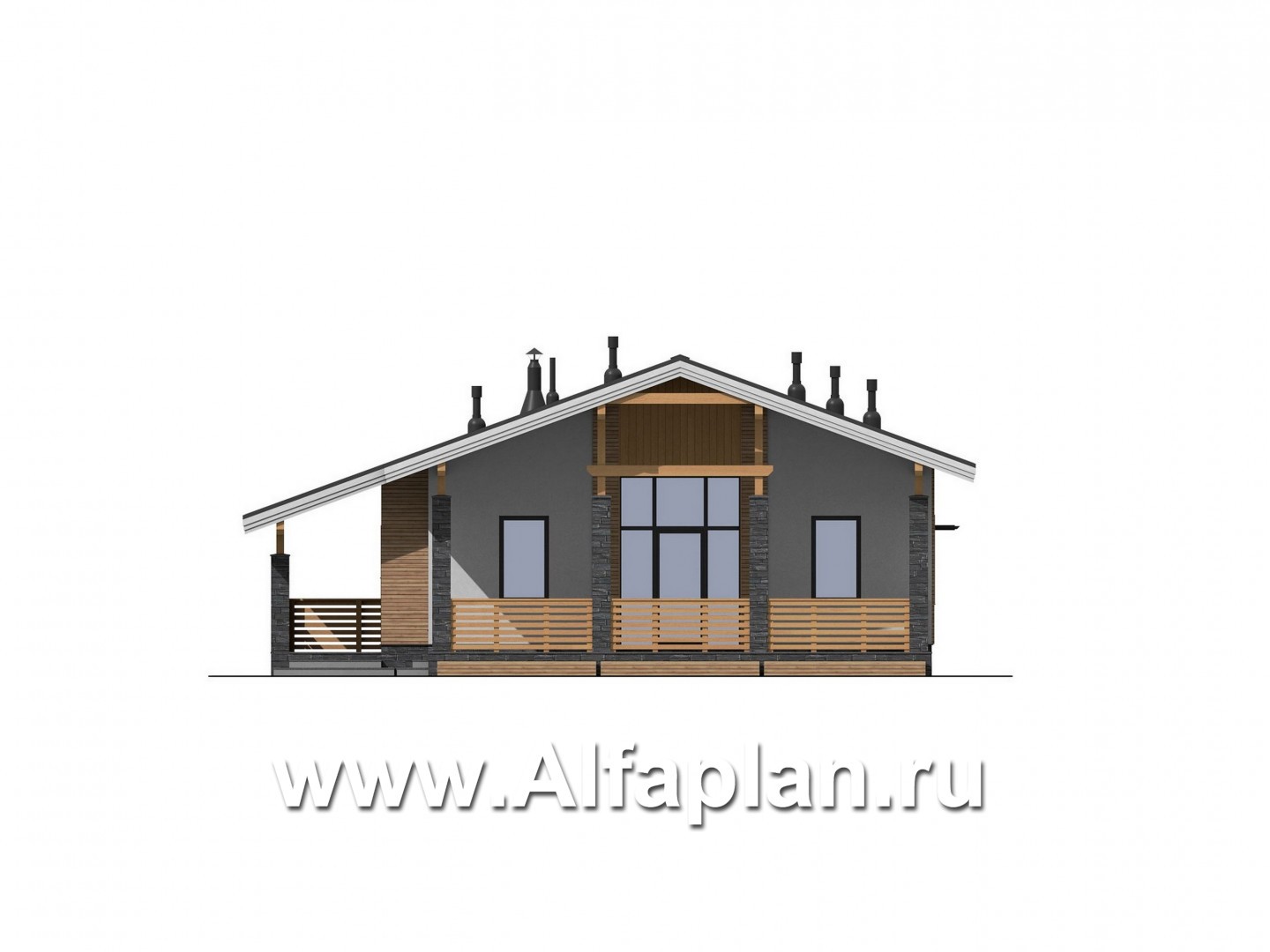 Проекты домов Альфаплан - Проект одноэтажного дома с террасами - изображение фасада №1
