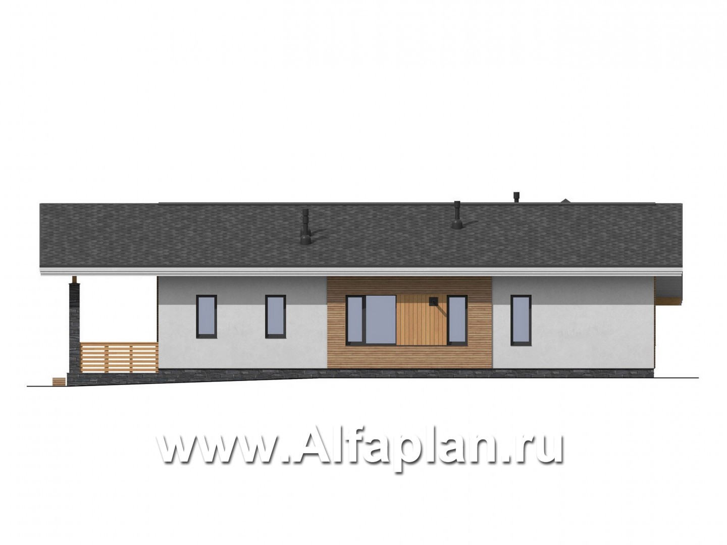 Проекты домов Альфаплан - Проект одноэтажного дома с террасами - изображение фасада №2