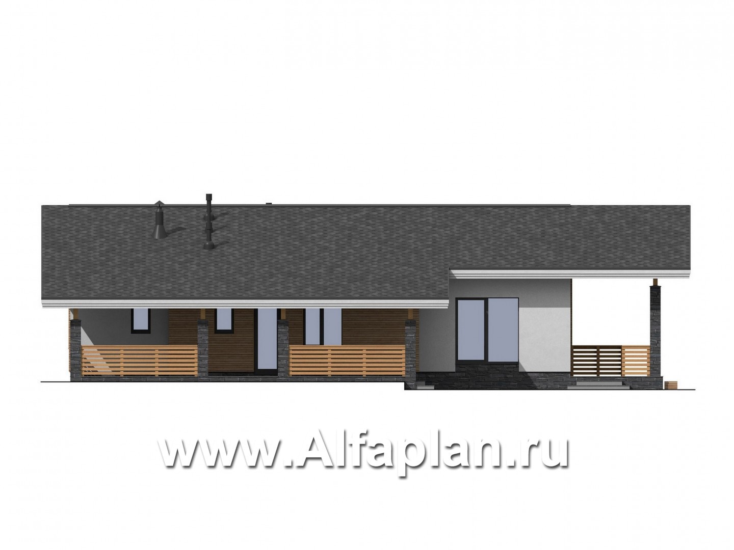 Проекты домов Альфаплан - Проект одноэтажного дома с террасами - изображение фасада №3