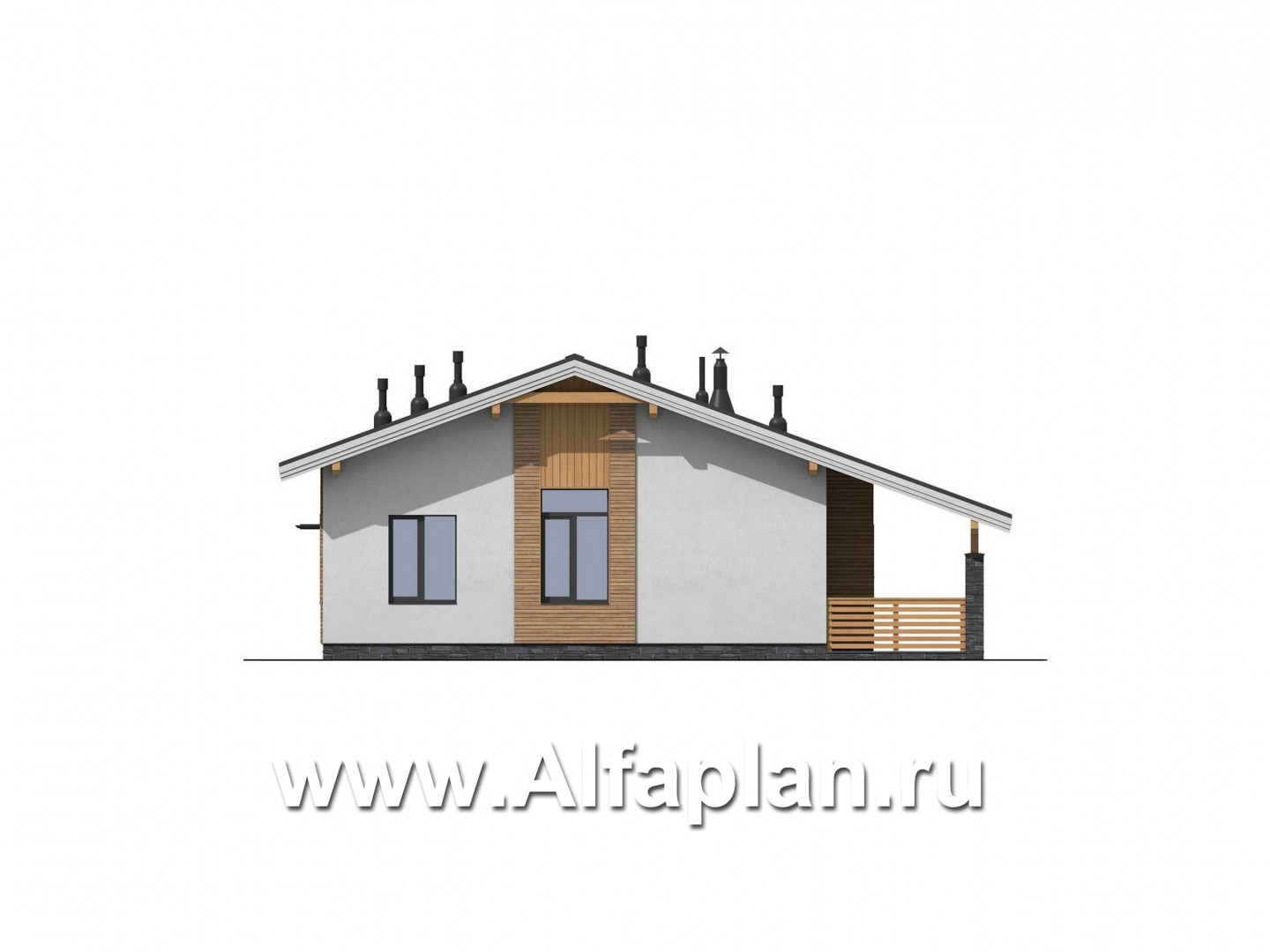 Проекты домов Альфаплан - Проект одноэтажного дома с террасами - изображение фасада №4