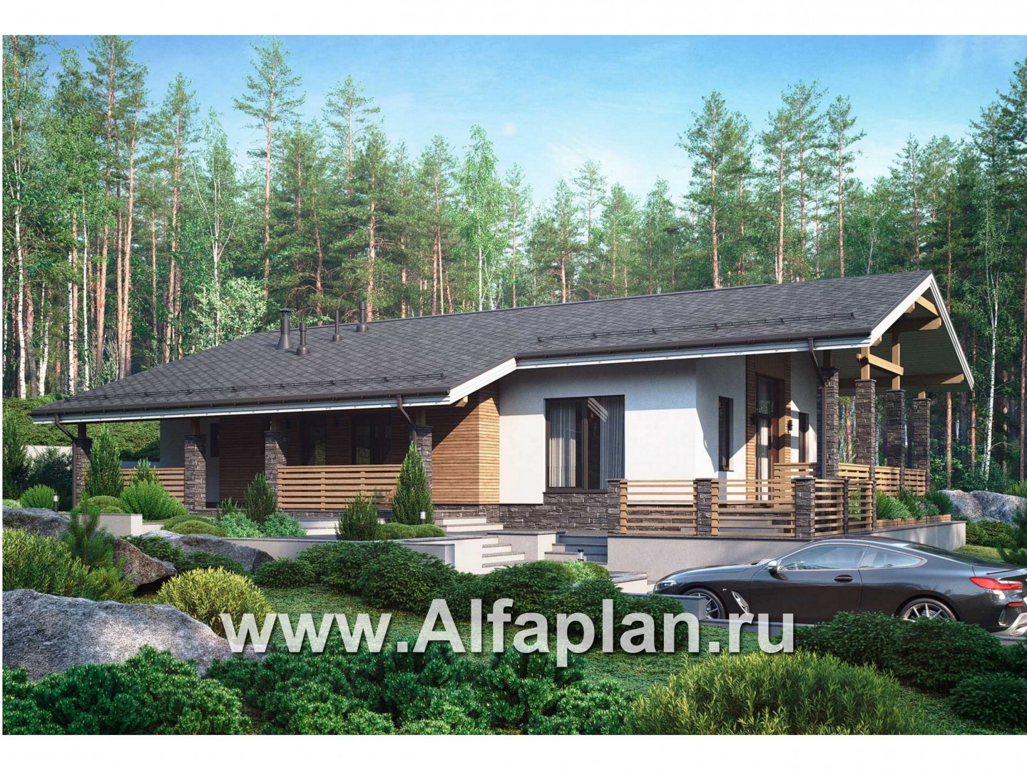 Проекты домов Альфаплан - Проект одноэтажного дома с террасами - основное изображение