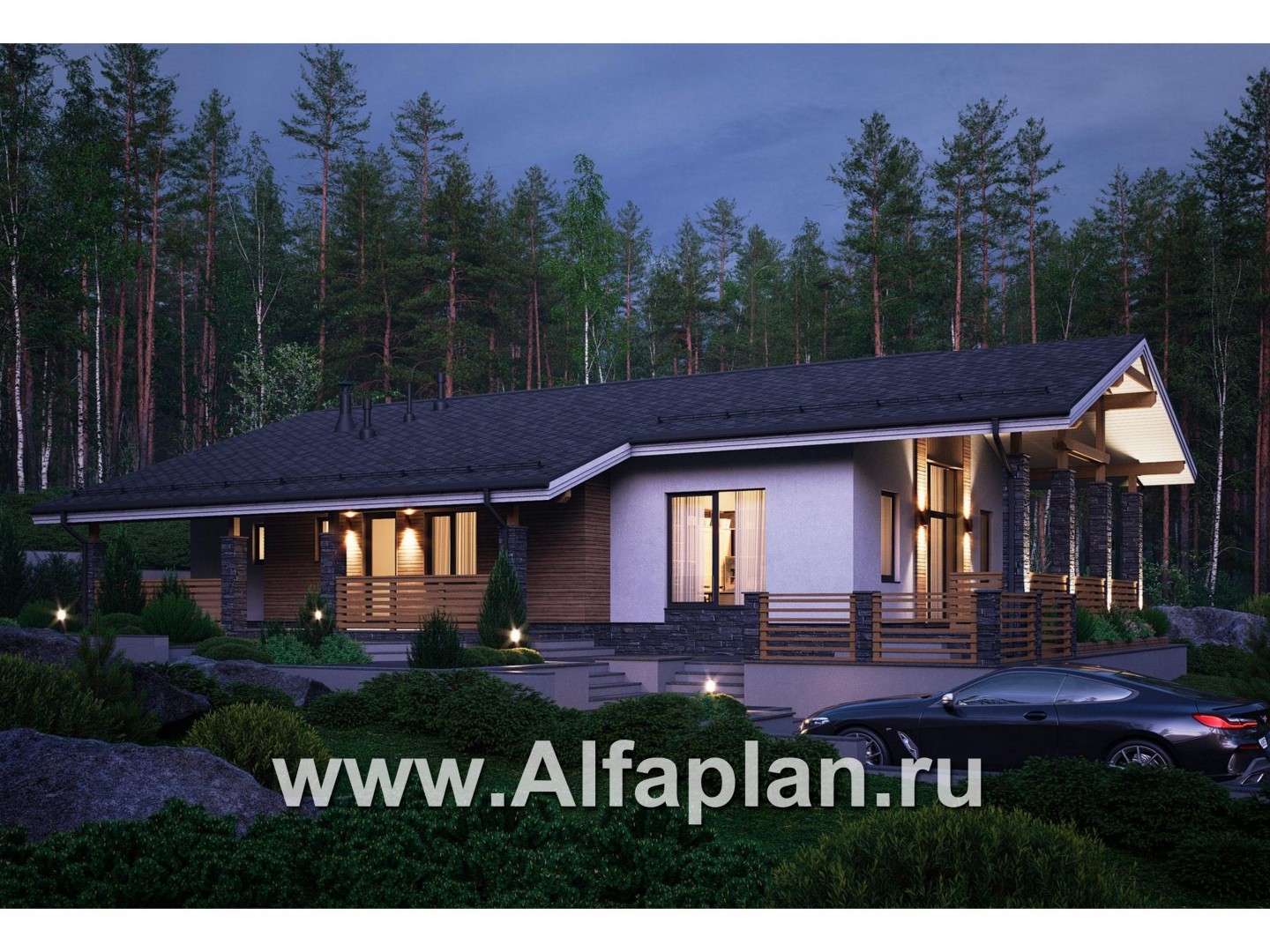 Проекты домов Альфаплан - Проект одноэтажного дома с террасами - дополнительное изображение №2