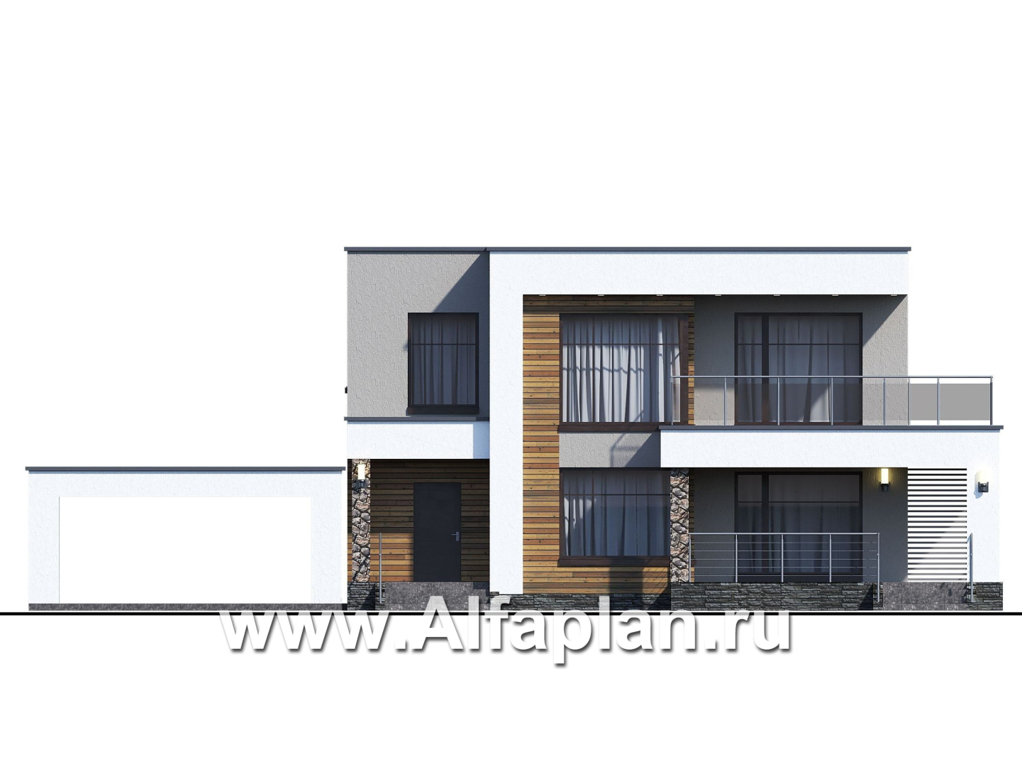 Проекты домов Альфаплан - «Серотонин» - проект двухэтажного дома, в современном стиле хай-тек, с террасой и балконом, навес на 2 авто - изображение фасада №2