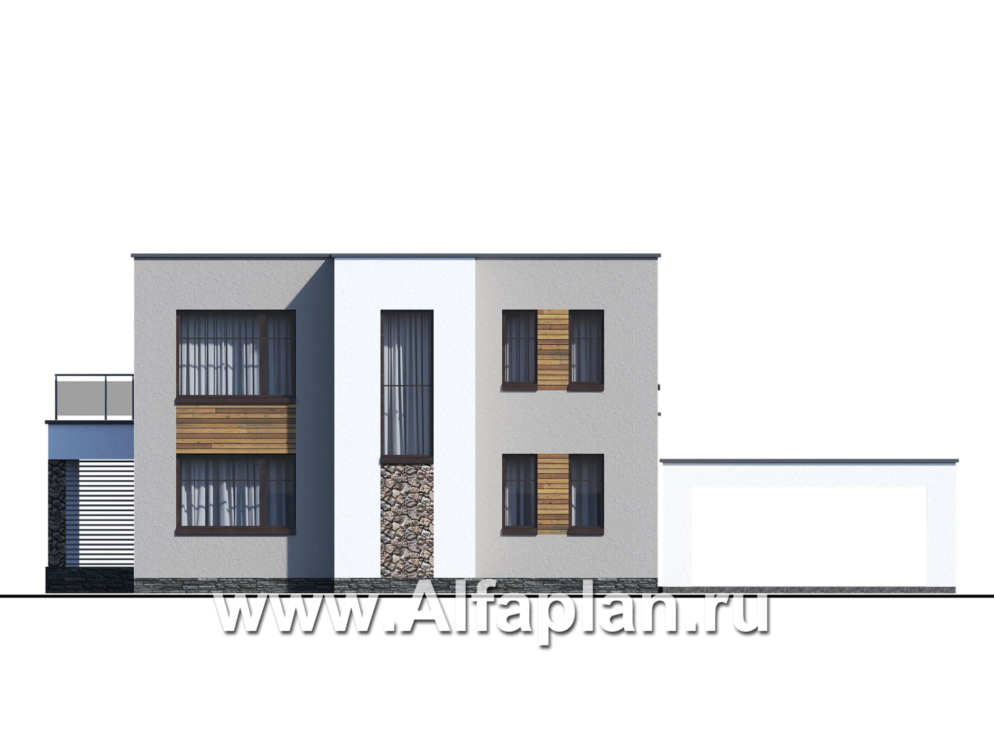 Проекты домов Альфаплан - «Серотонин» - проект двухэтажного дома, в современном стиле хай-тек, с террасой и балконом, навес на 2 авто - изображение фасада №3