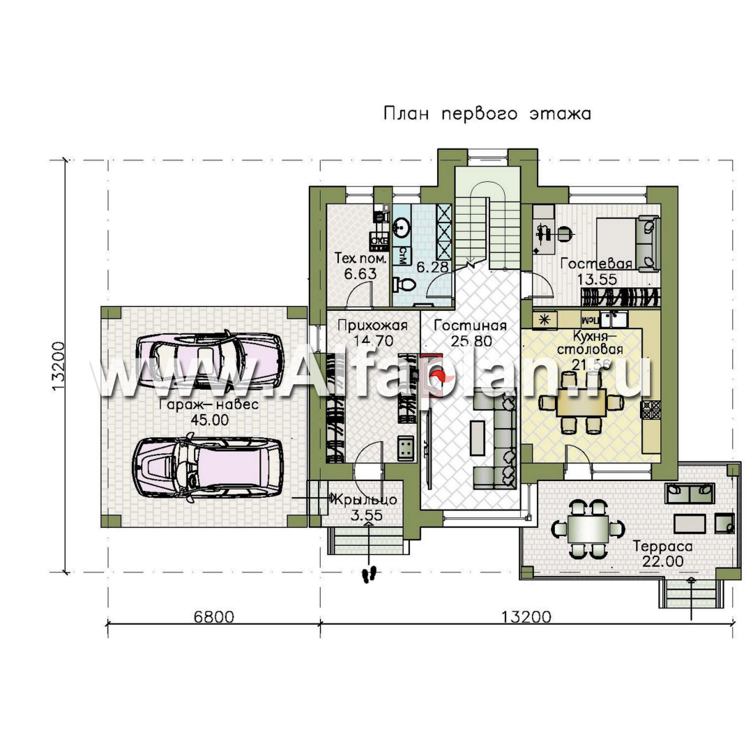 Проекты домов Альфаплан - «Серотонин» - проект двухэтажного дома, в современном стиле хай-тек, с террасой и балконом, навес на 2 авто - изображение плана проекта №1