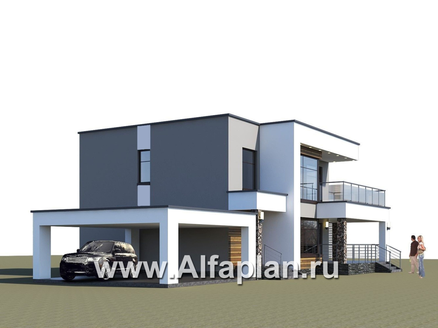 Проекты домов Альфаплан - «Серотонин» - проект двухэтажного дома, в современном стиле хай-тек, с террасой и балконом, навес на 2 авто - дополнительное изображение №2