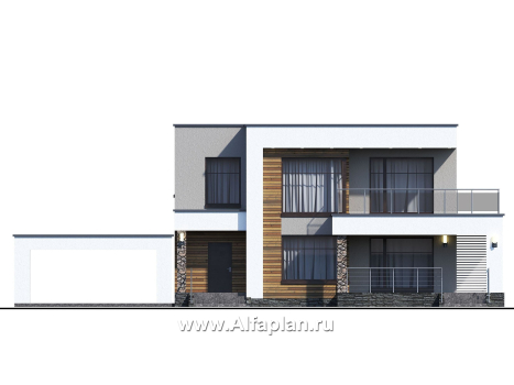 Проекты домов Альфаплан - «Серотонин» - проект двухэтажного дома, в современном стиле хай-тек, с террасой и балконом, навес на 2 авто - превью фасада №2